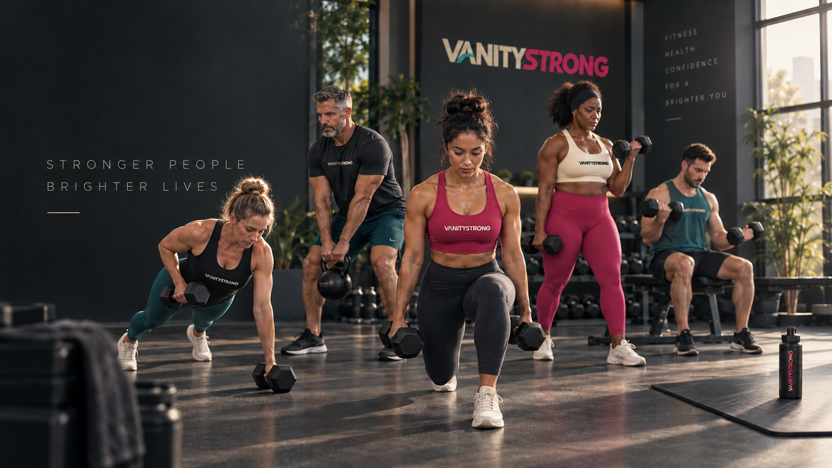 A diverse group of VanityStrong members strength training together