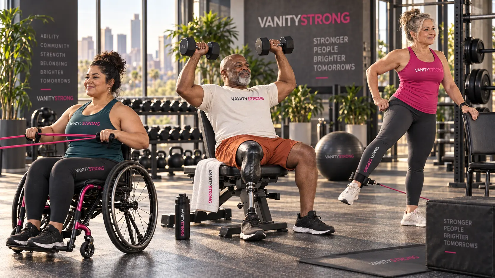 Three adults using seated, standing and adaptive strength-training options